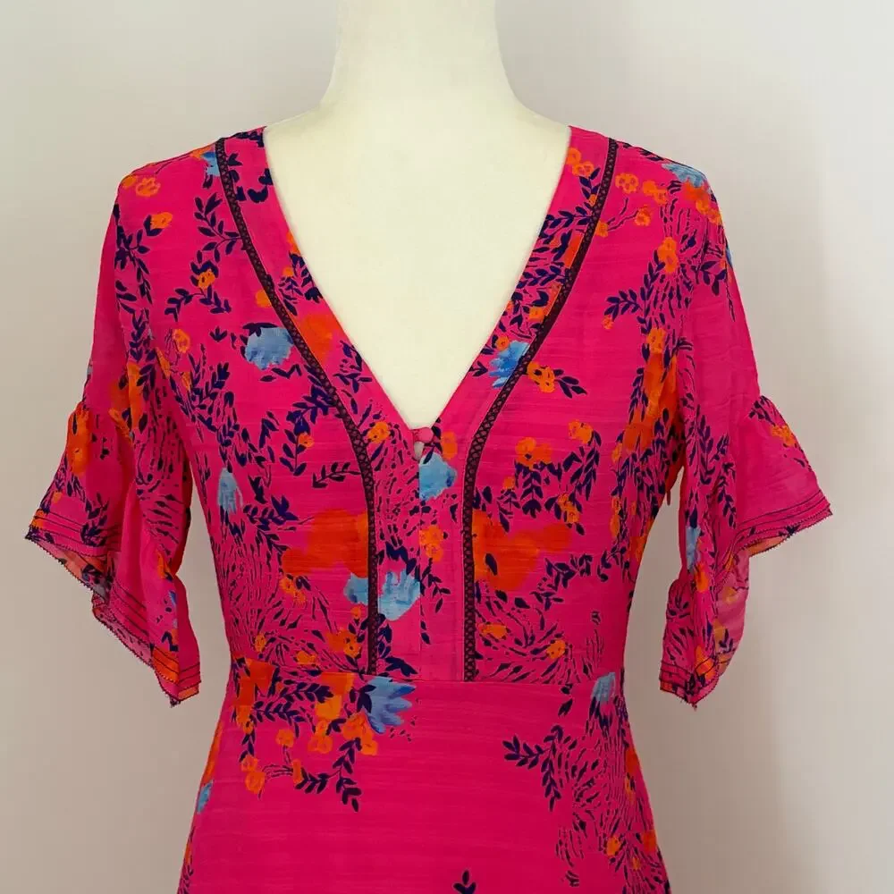 Tanya Taylor Kayla Falling Floral Pink Silk Mini Dress sz 6